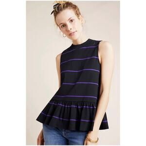 Anthropologie Women’s Sz L Black Purple Stripe Ruffle Peplum Tank Top Hildi